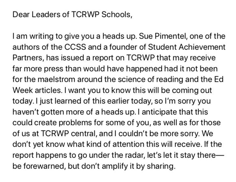 About the letter to TCRWP